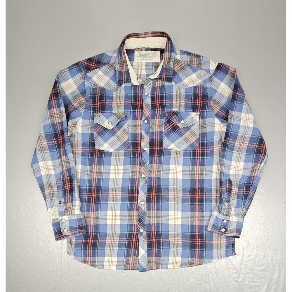 Vintage Roebuck & Co.‎ Pearl Snap Shirt Mens XL Blue Plaid Long Sleeve Gorpcore